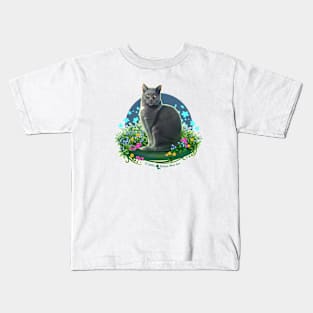 Gray Cat in the Flower Garden Kids T-Shirt